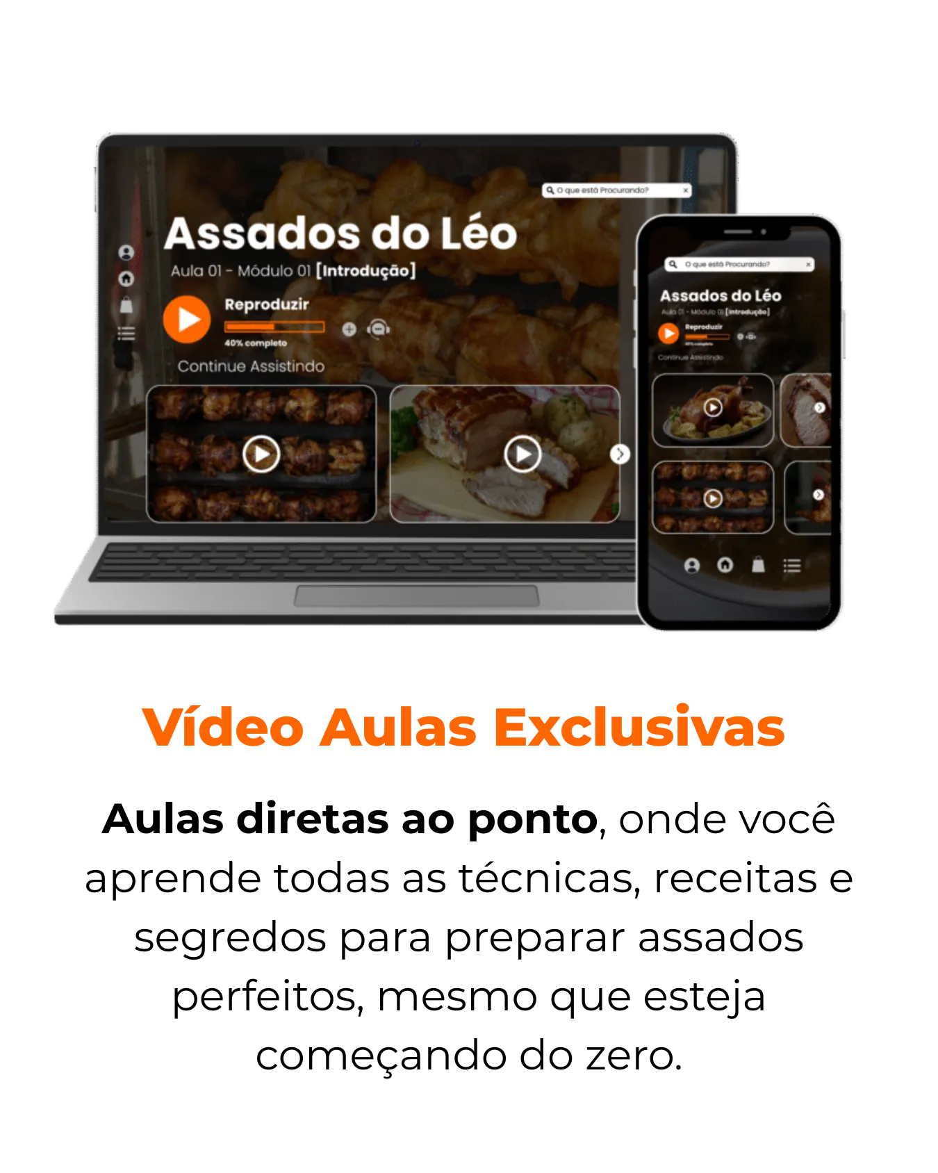 Área de alunos do curso Assados do Léo no computador e no celular