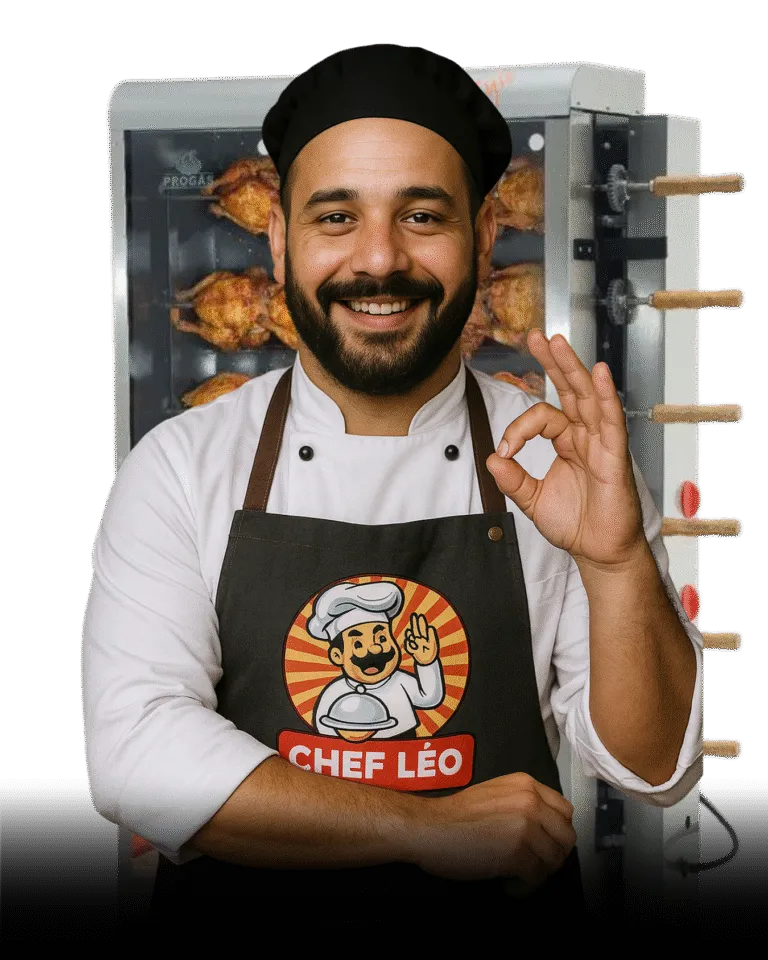 Chef Léo Martins na frente da máquina de assar frangos